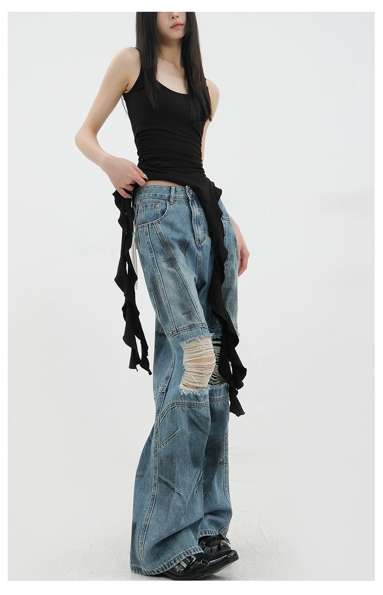 Vintage Distressed And Dirt-Dyed Patchwork Wide-Leg Jeans - chiclara