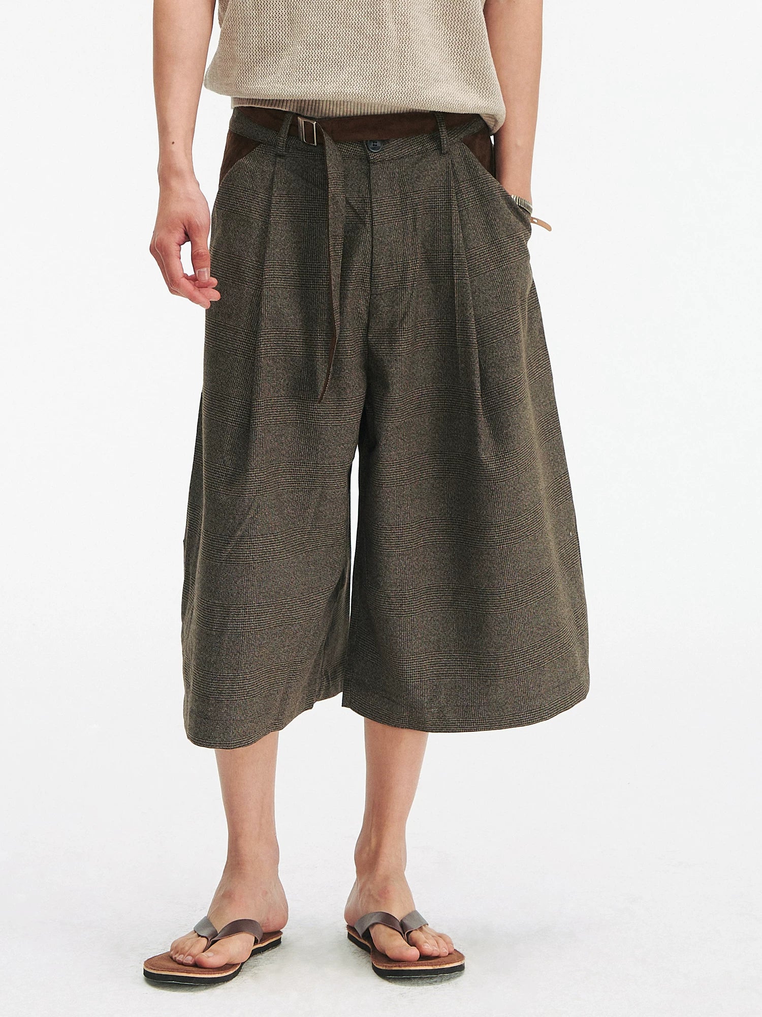 Pleated Cropped Wide-Leg Pants with Belt Detail