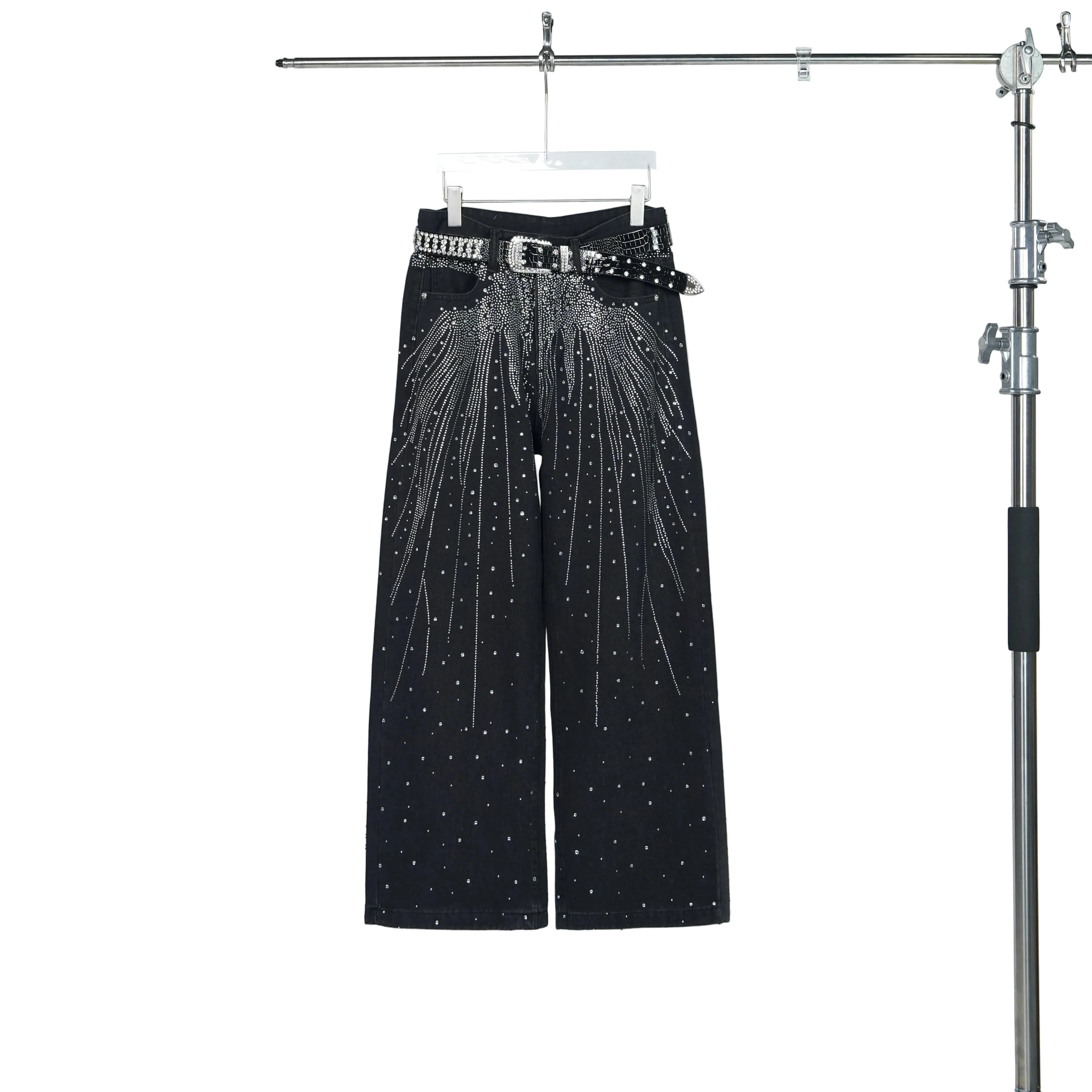 Starlit Cascade Rhinestone Wide-Leg Jeans