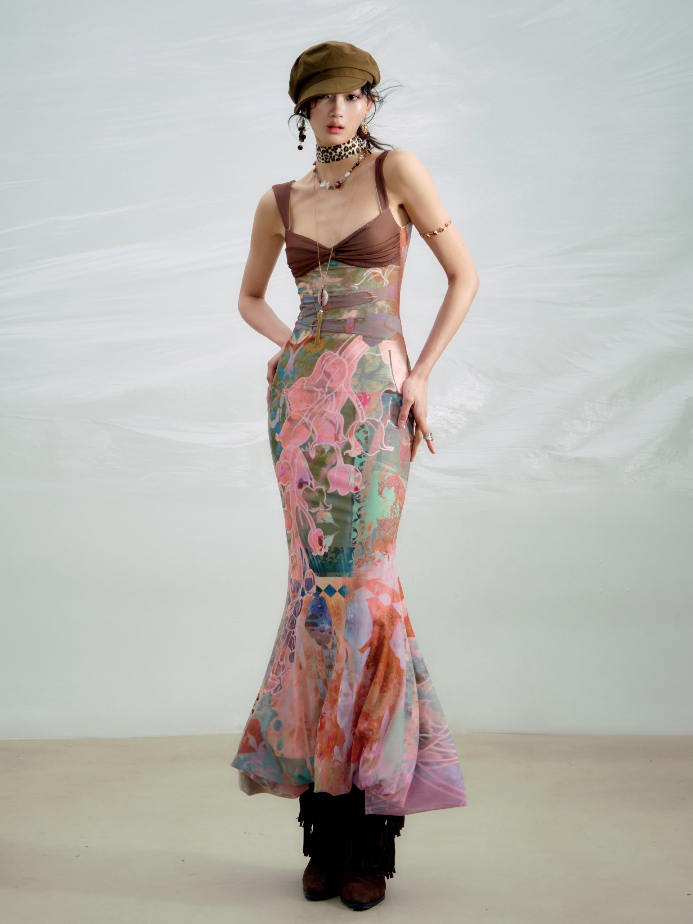 Fitted Floral Contrast Mermaid Dress