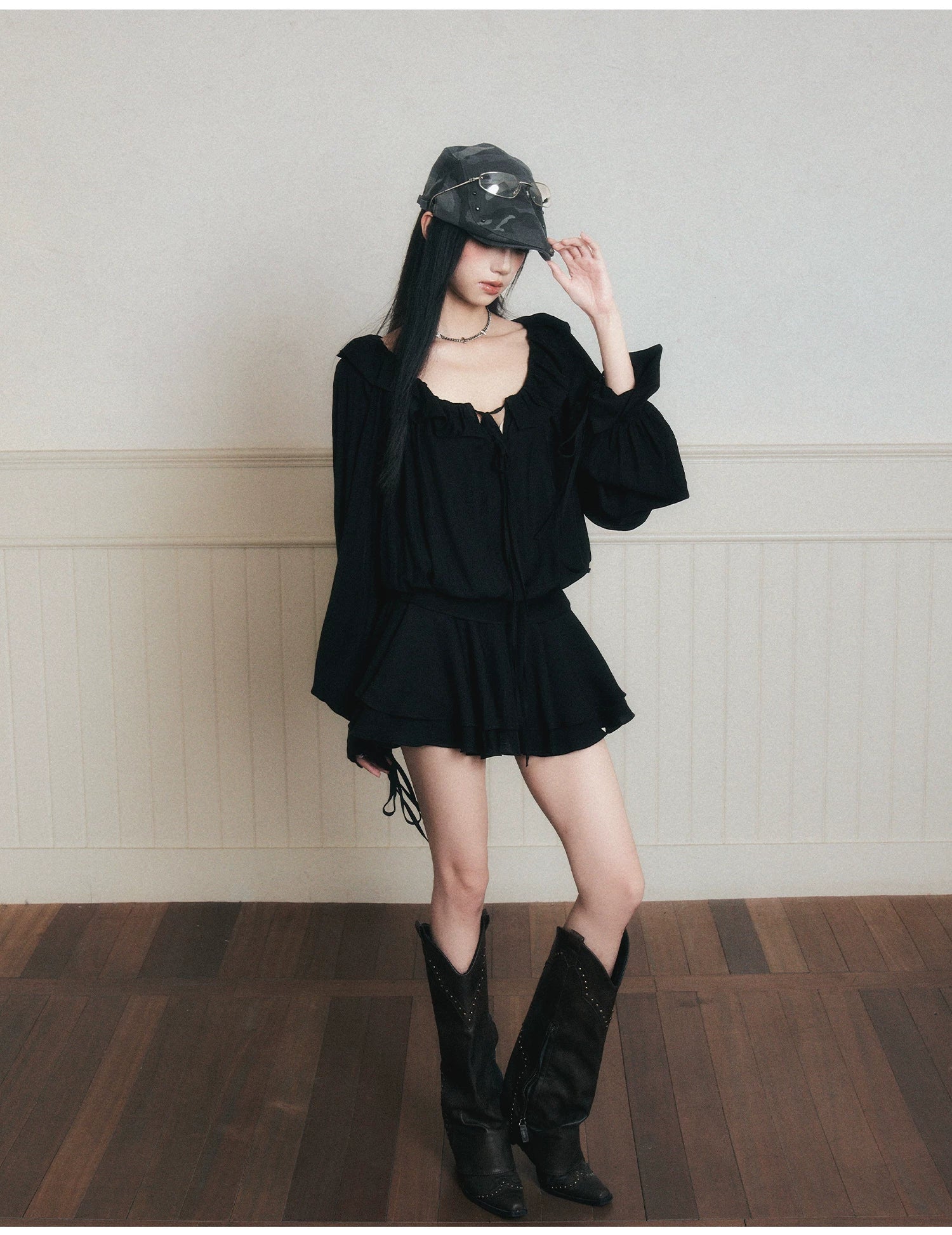 Midnight Ruffle Poet Mini Dress