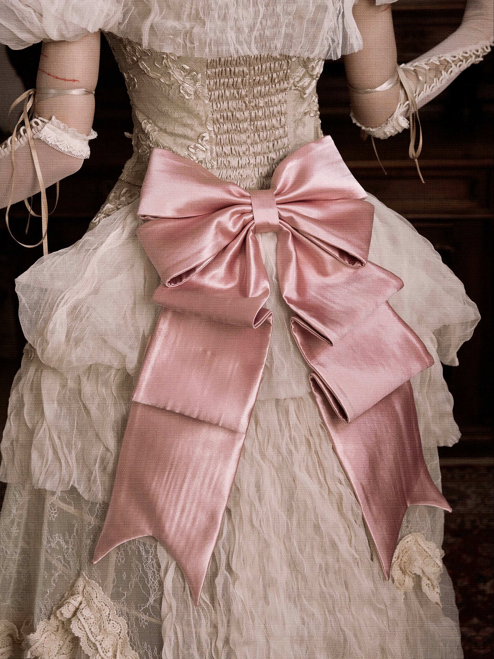 Victorian Ivory Layered Lace Skirt with Pink Bows
