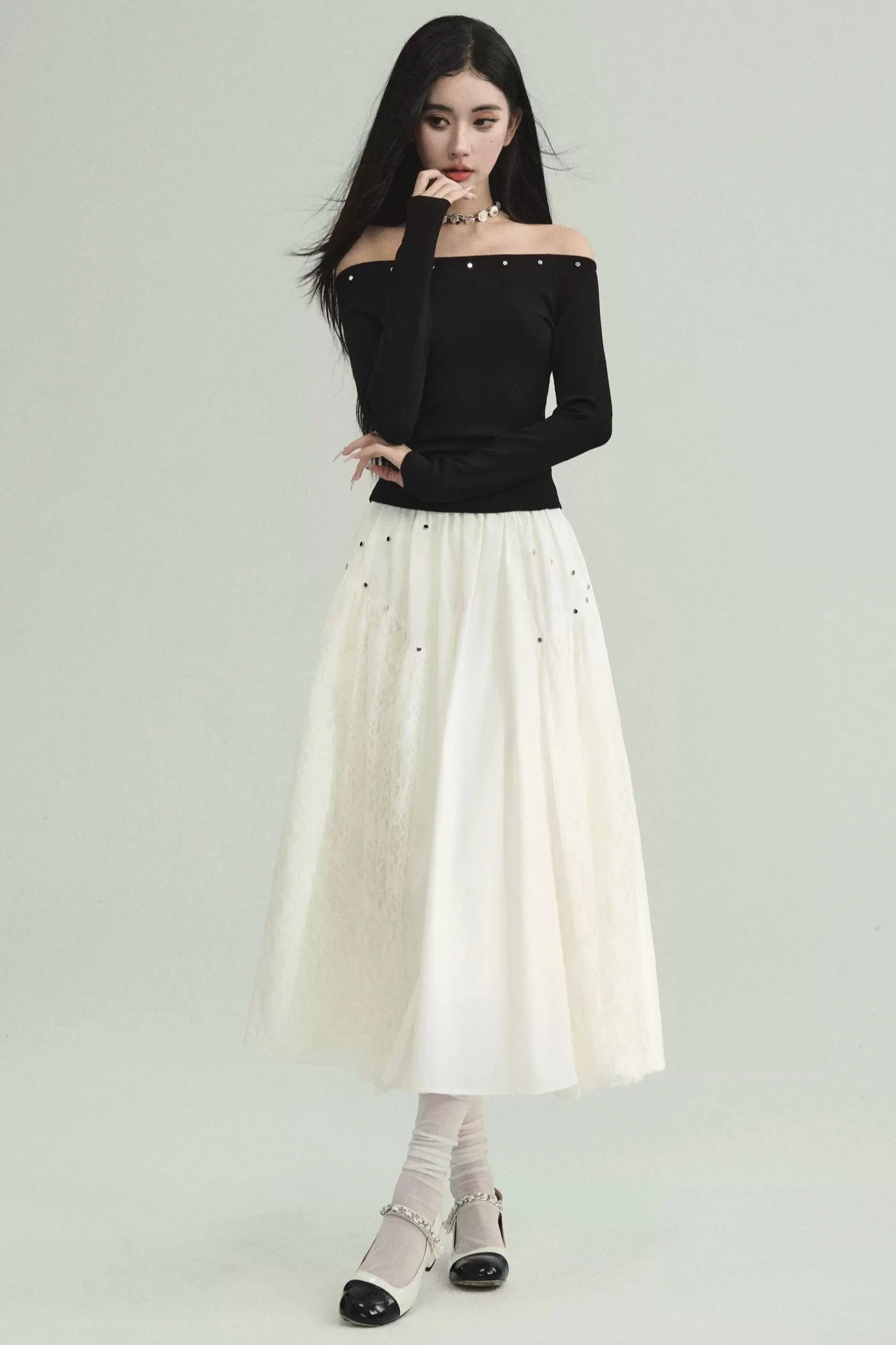 Rhinestone Off-Shoulder Crop Top and Tulle Midi Skirt Set