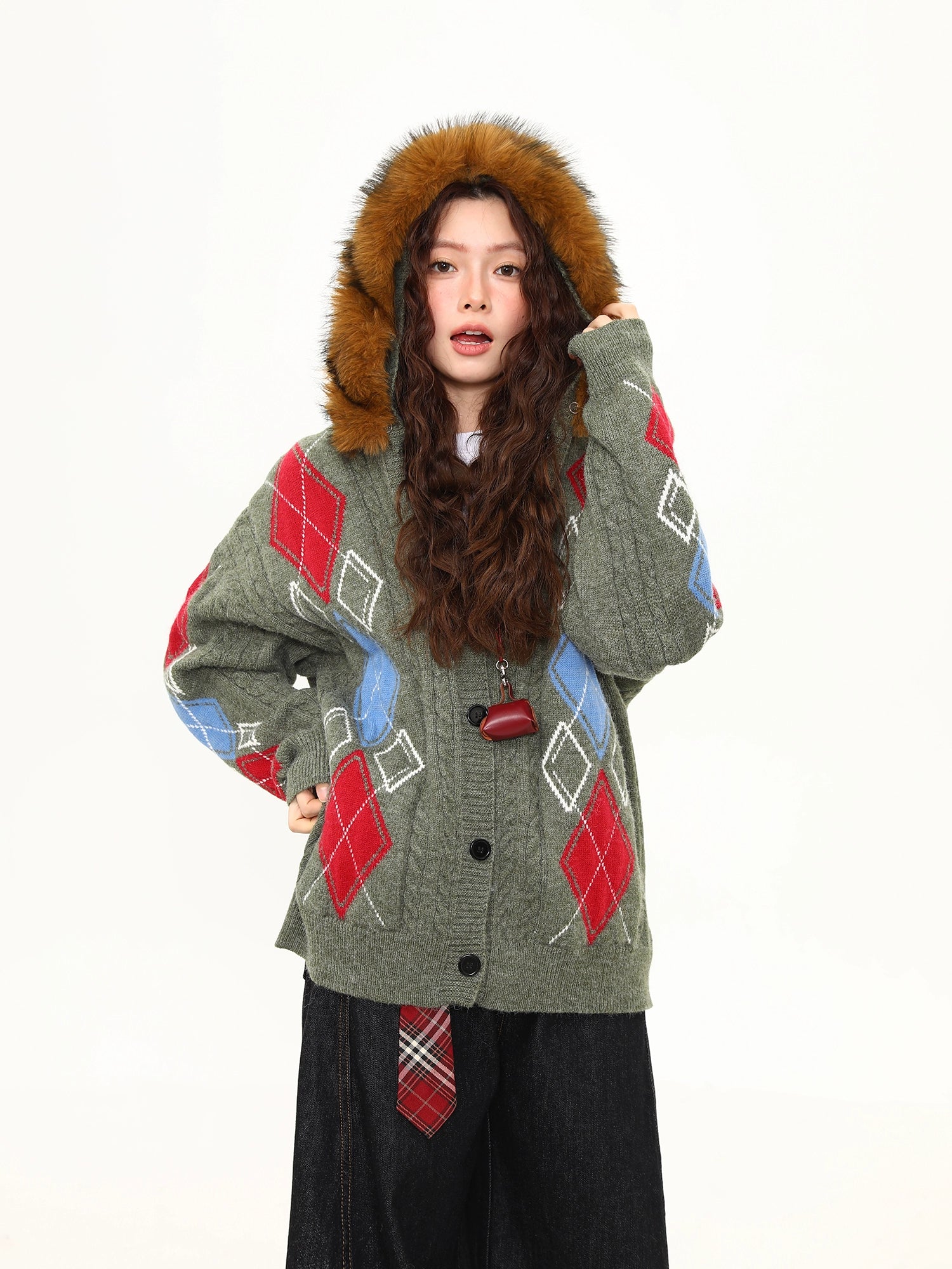 Frosty Argyle Faux-Fur Hood Cardigan