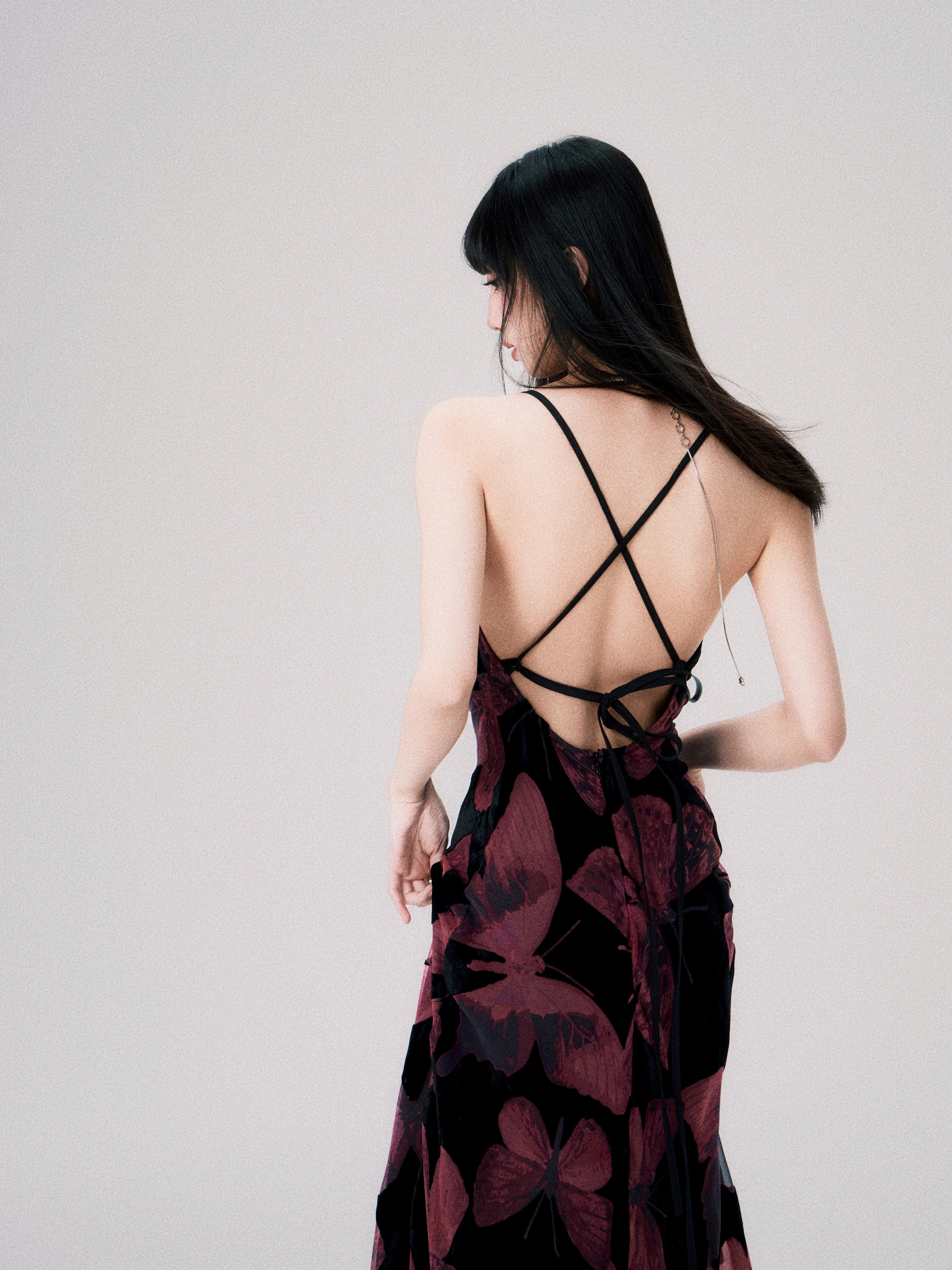 Velvet Halter Dress With Open Back And Tie Detail - chiclara