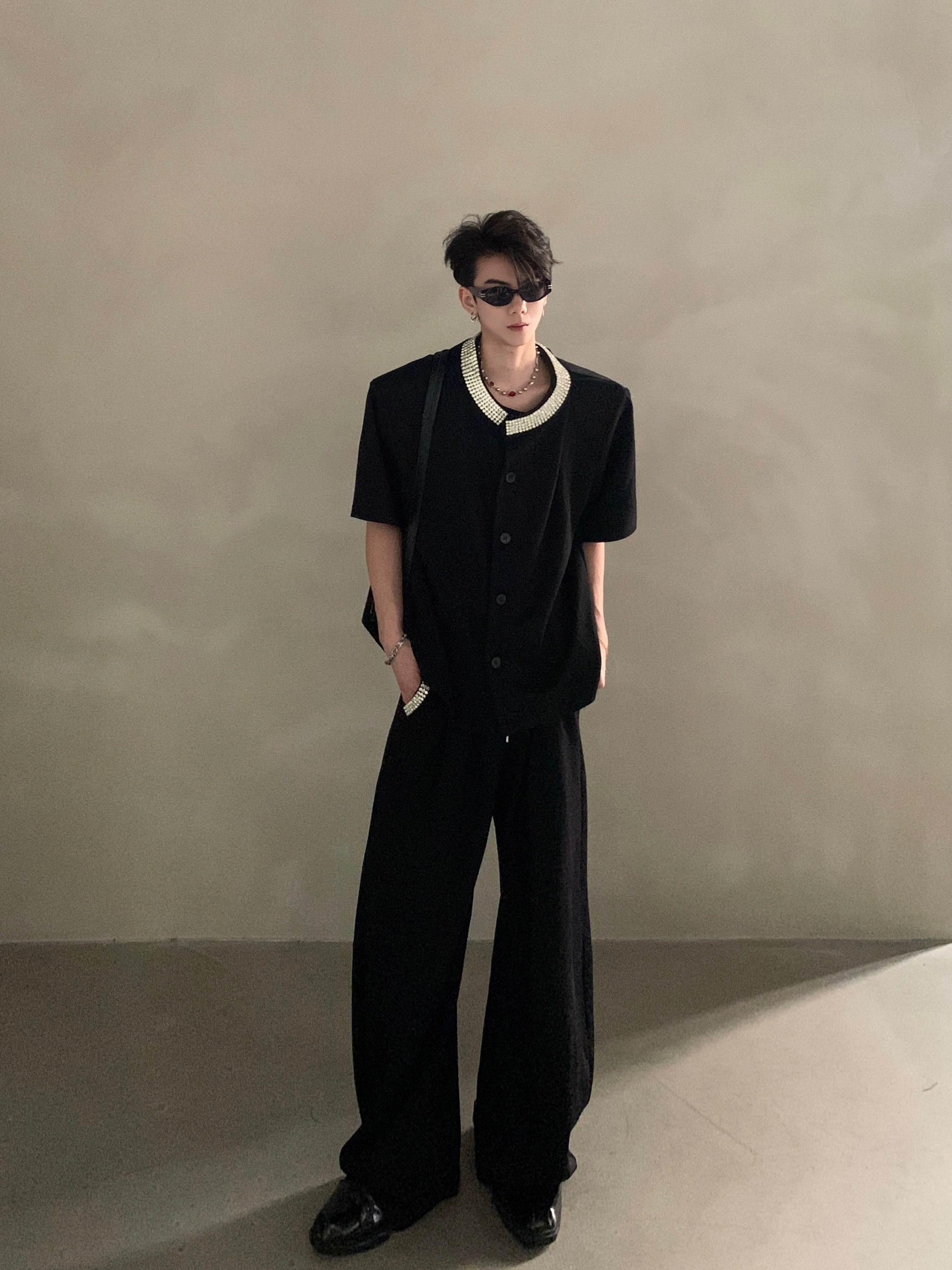 Black Short Sleeve Button-Up Shirt with Embellished Gem Collar