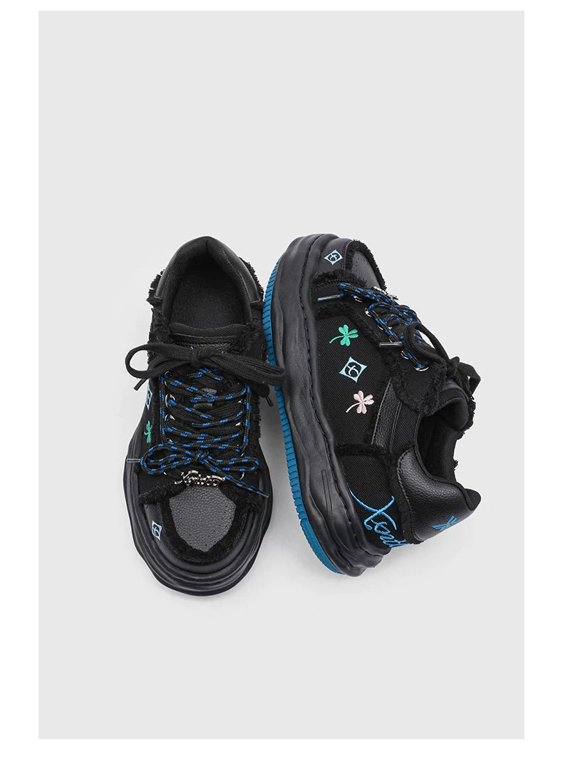 Distressed Embroidered Platform Sneakers