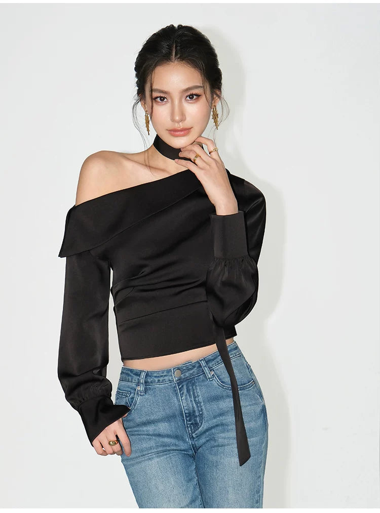 Asymmetric Choker Satin Ruched Blouse