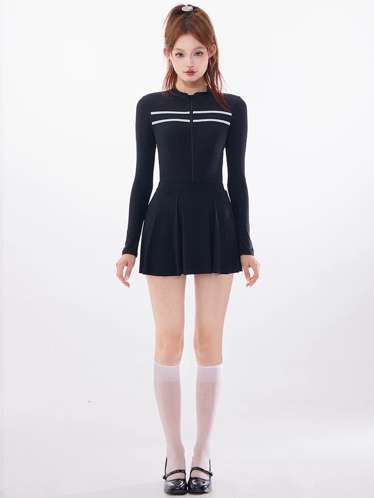 Midnight Varsity Zip Skater Swim Dress