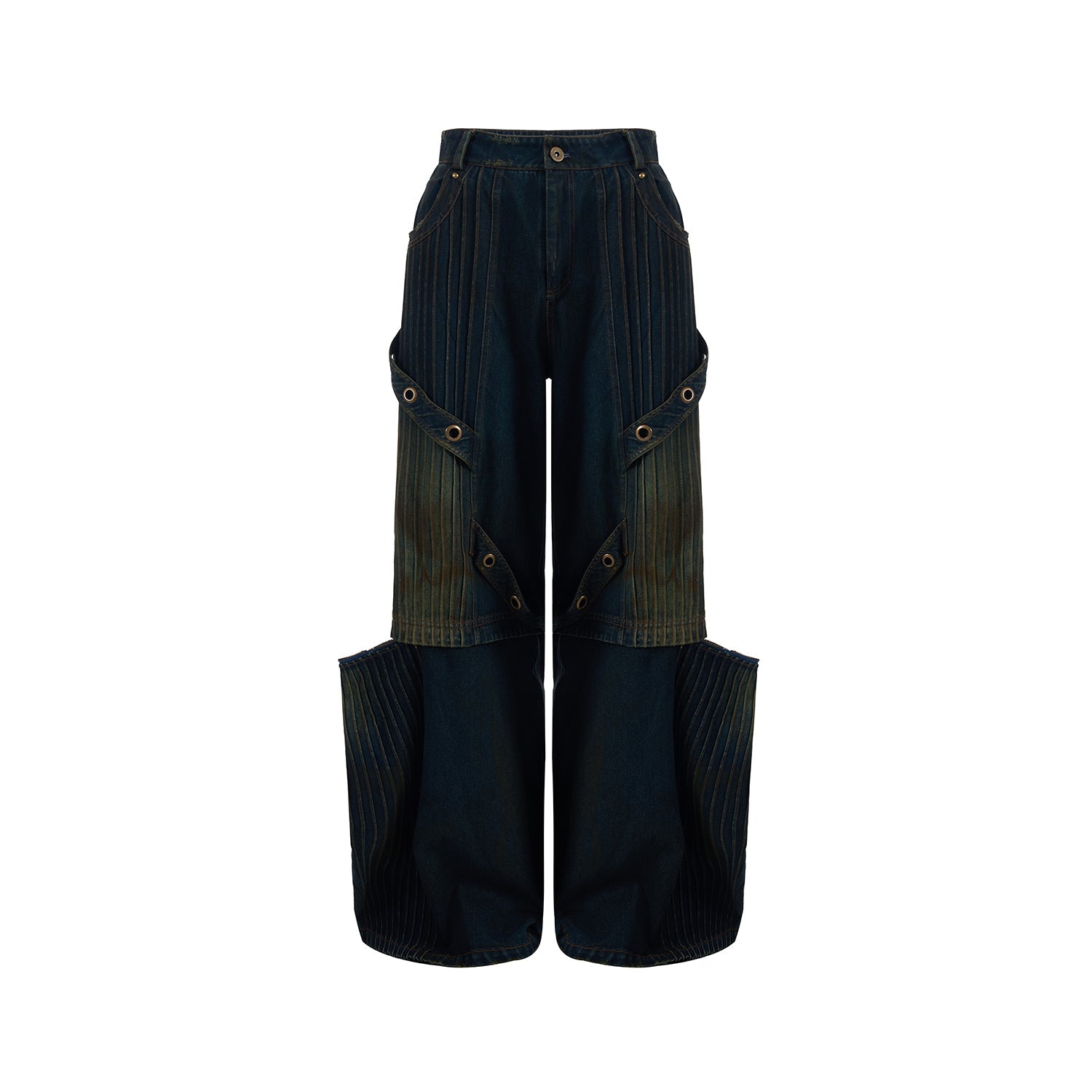 Standing-Neck Industrial Denim Jacket and Denim Pants Setup