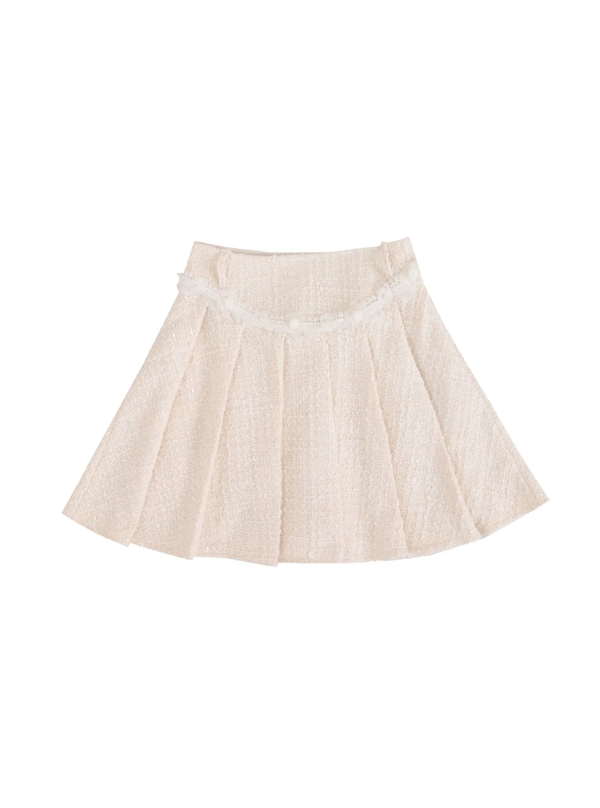 Chanel-Inspired Tweed Crop Jacket and Pleated Skirt Set - Ivory Elegance