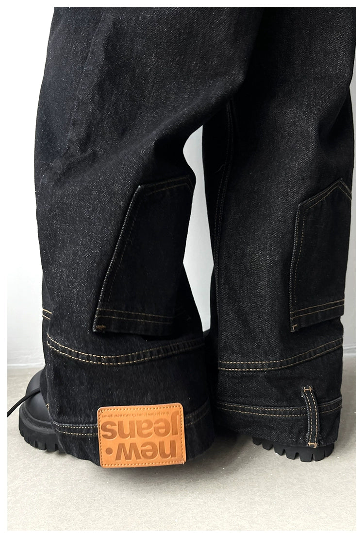 Wide-Leg Black Denim Jeans with Back Patch Pocket