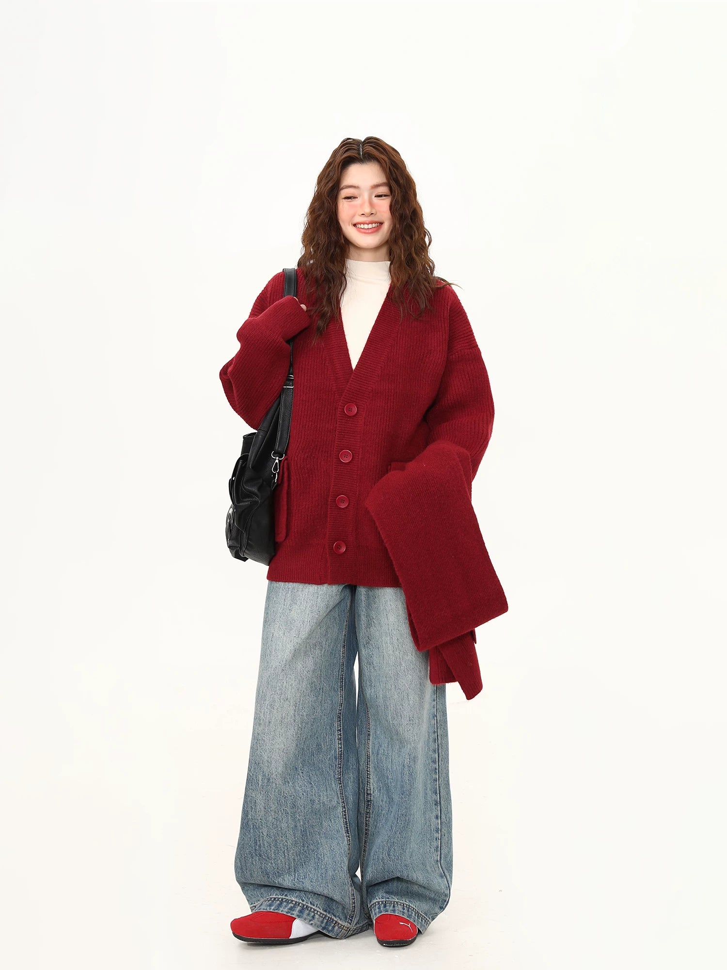 Crimson Cocoon Knit Scarf-Cardigan