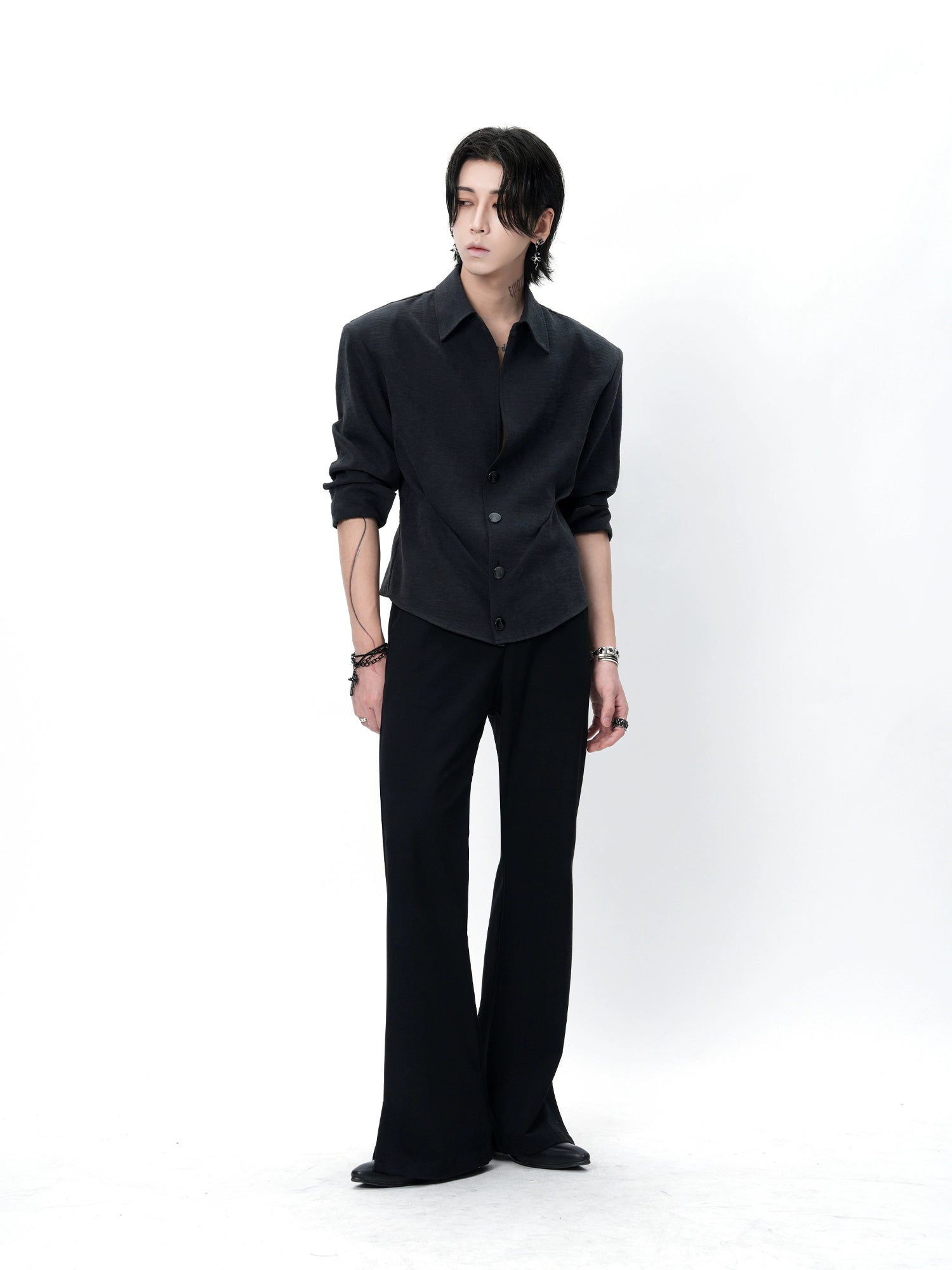 Black Sculpted Waist Button-Up Shirt