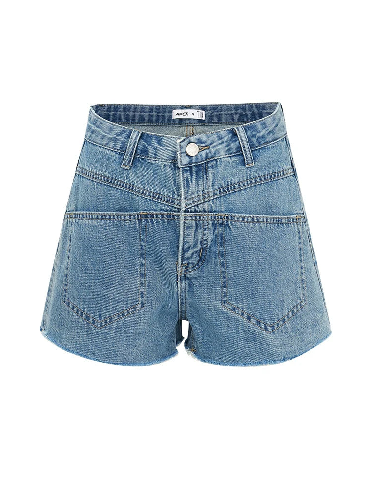 High-Waisted Chevron Denim Shorts