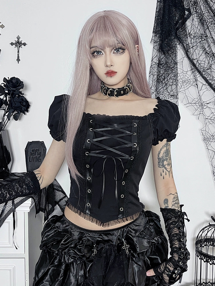 Wannathis Gothic Lolita Off-Shoulder Corset Top - Black Lace-Up Blouse With Puff Sleeves