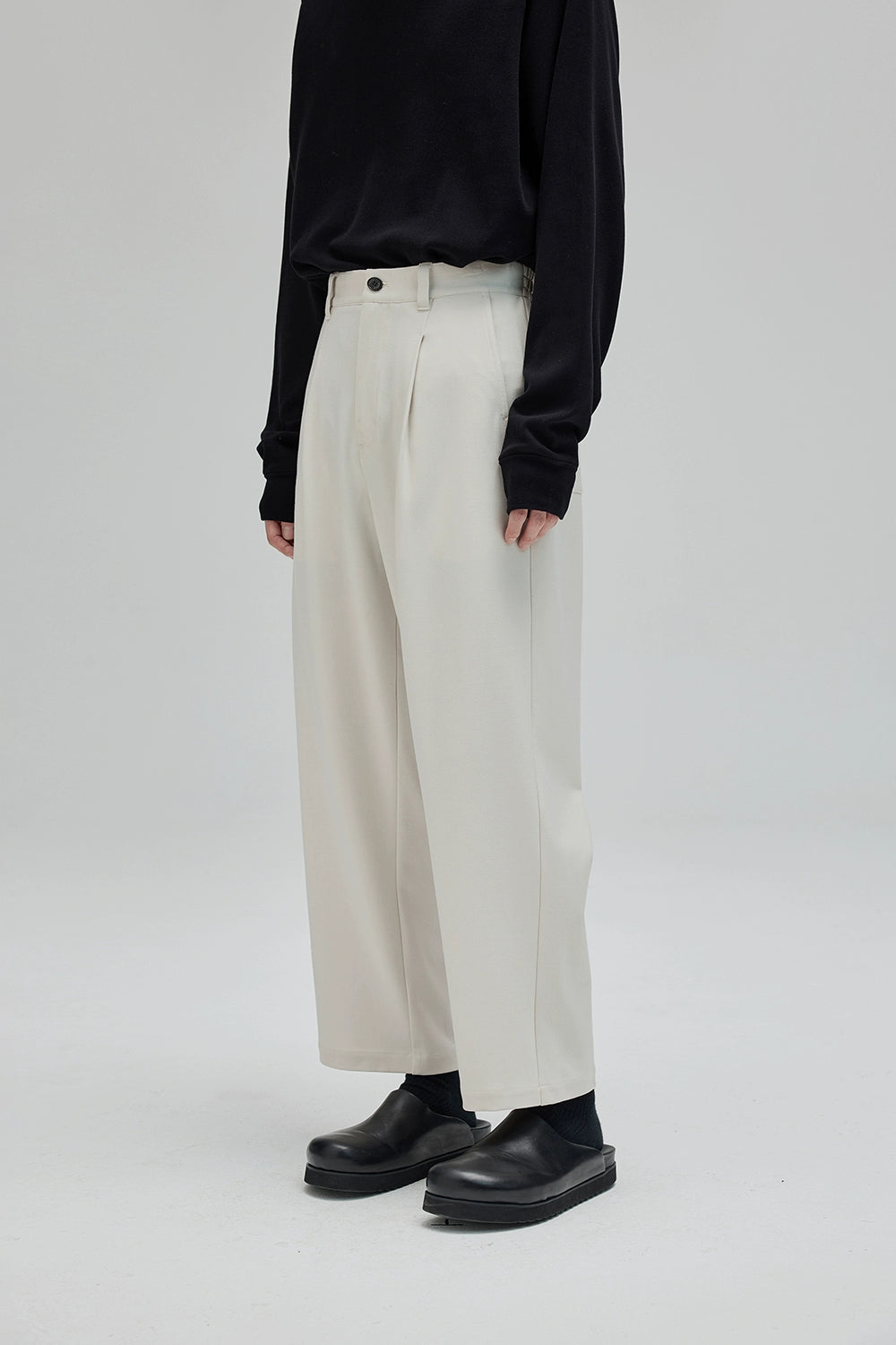 Semi-Elastic Waist Wide-Leg Straight Cropped Pants