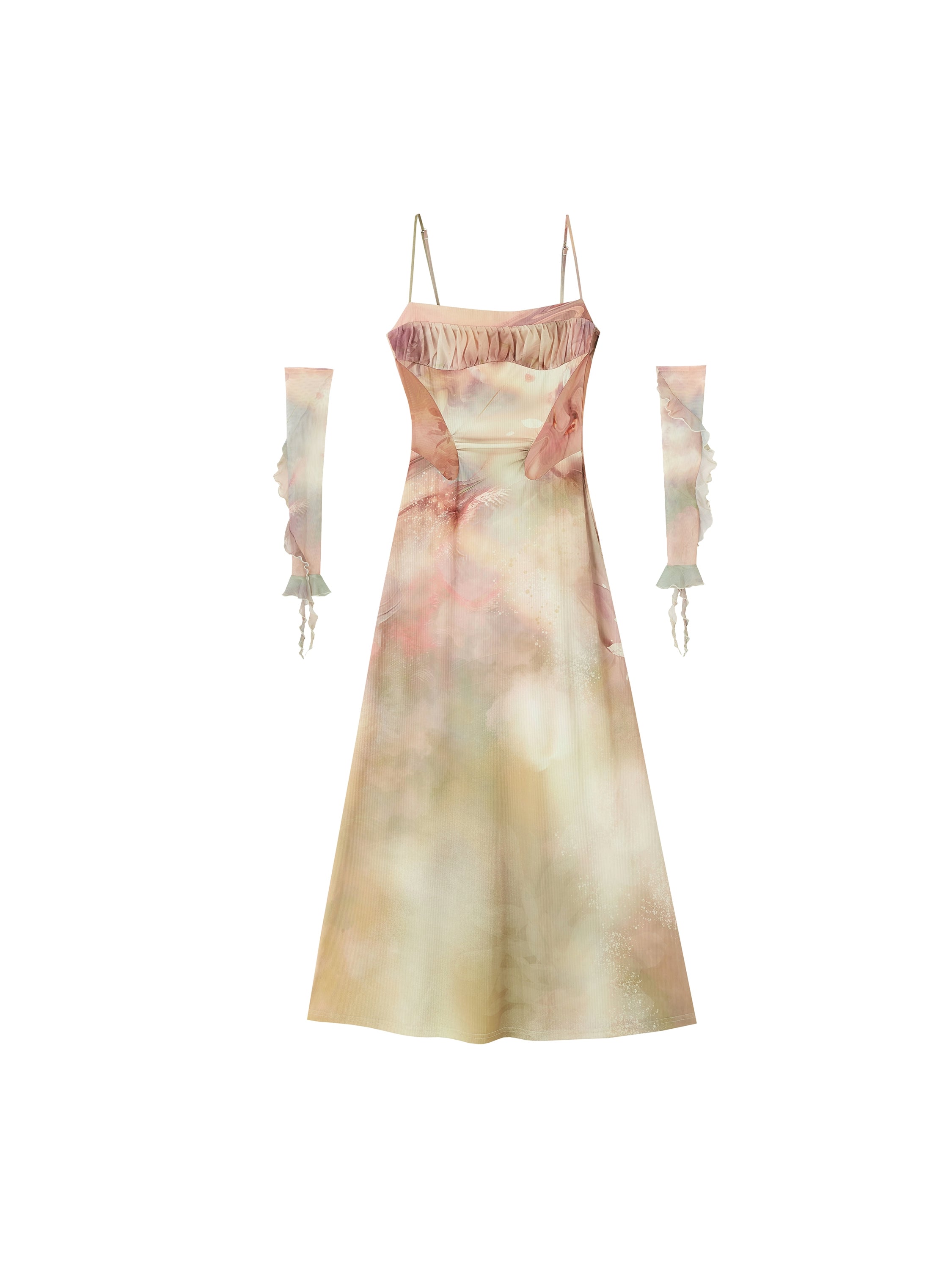 Of Akiva Watercolor Silk Maxi Dress with Detached Sleeves