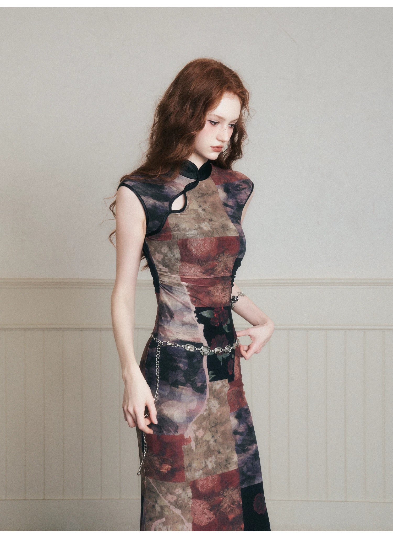 Vintage Noir Patchwork Cheongsam Maxi Dress