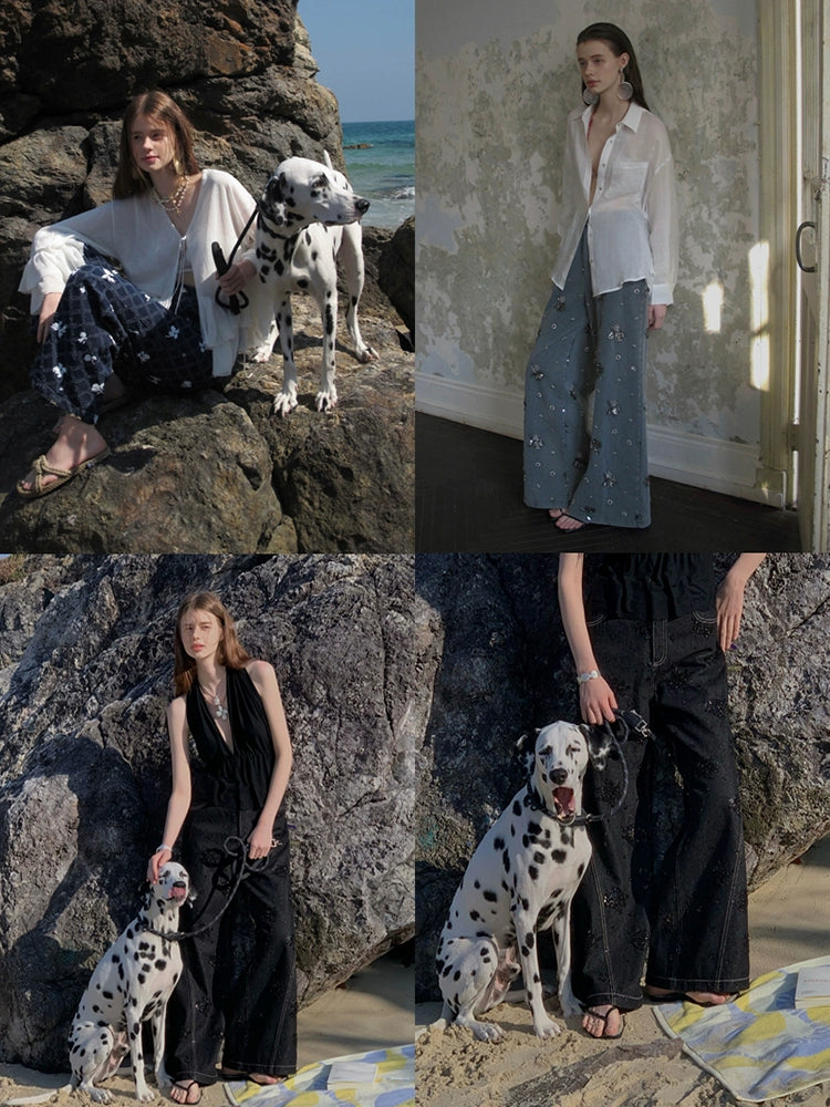 Knit Wide Leg Denim Jeans