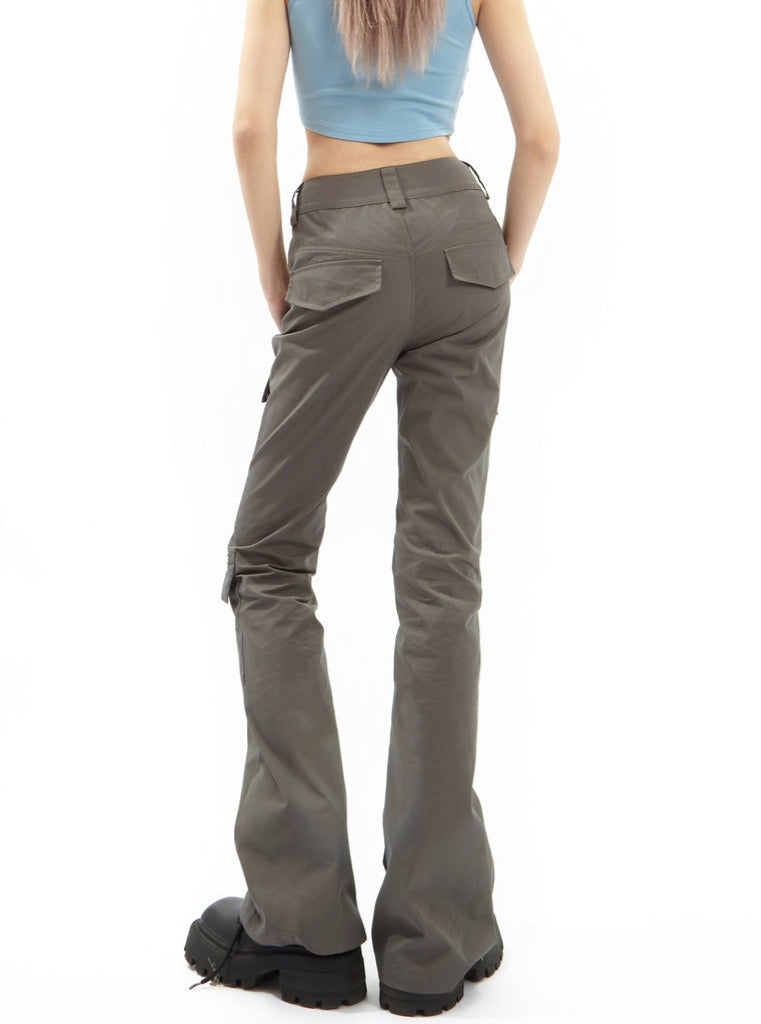 Black Flared Cargo Pants with Multiple Pockets