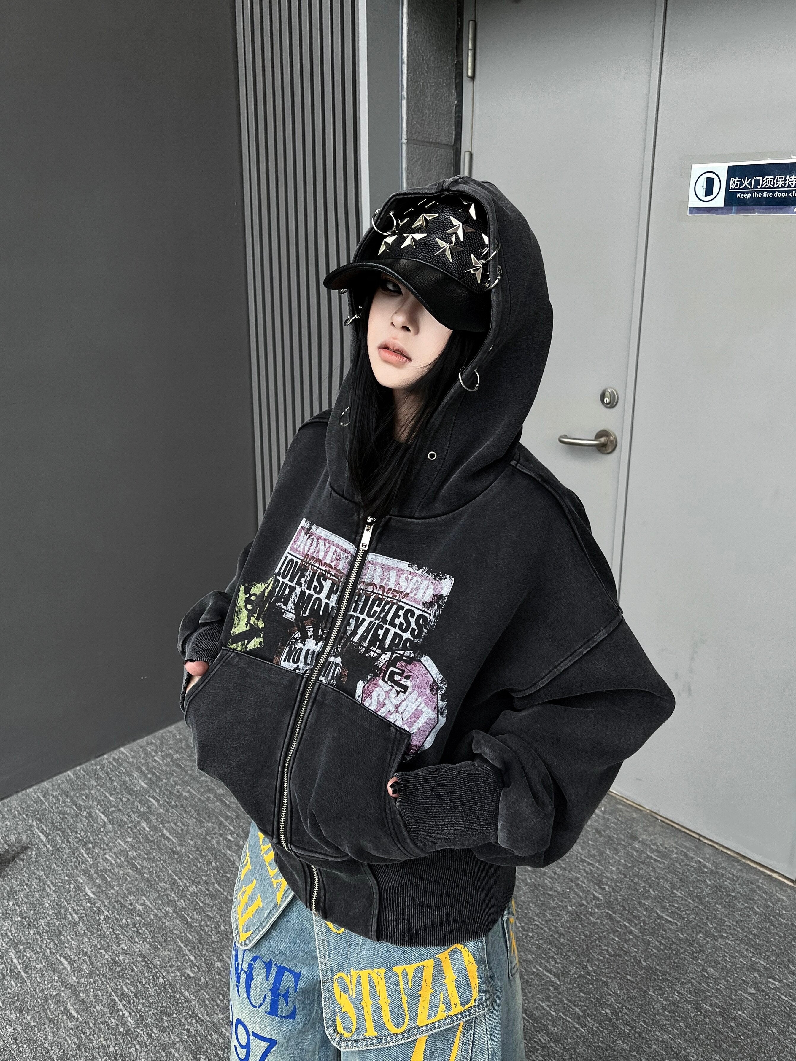Men's Washed Cropped Zip-Up Hoodie