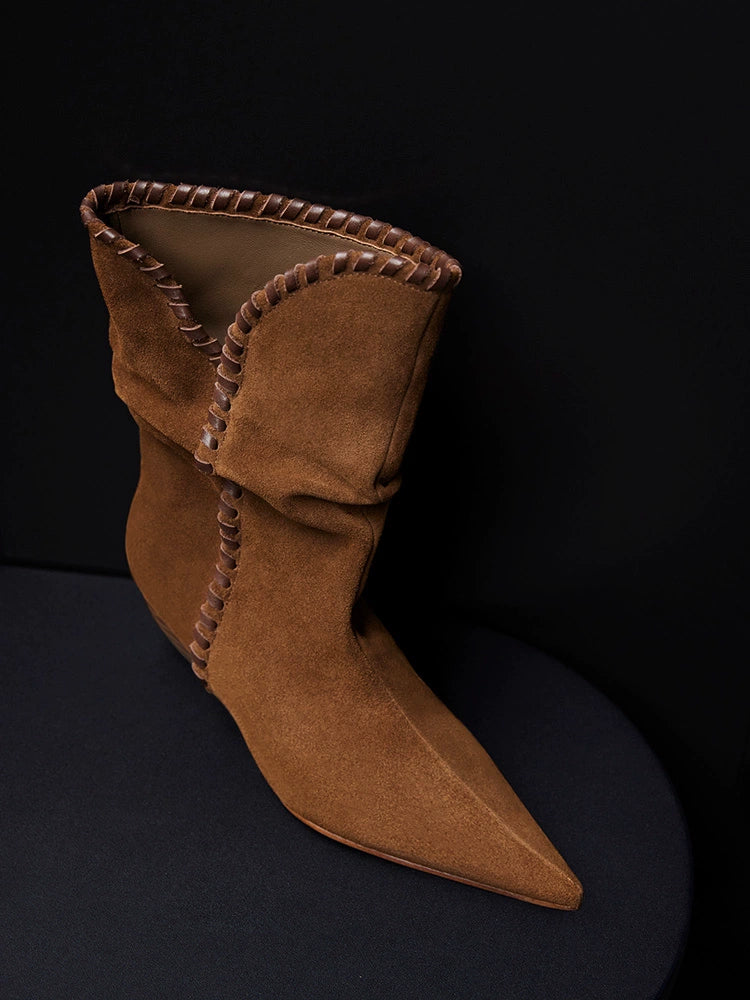 Brown Suede Slouchy Pointed-Toe Boots with Whipstitch Trim