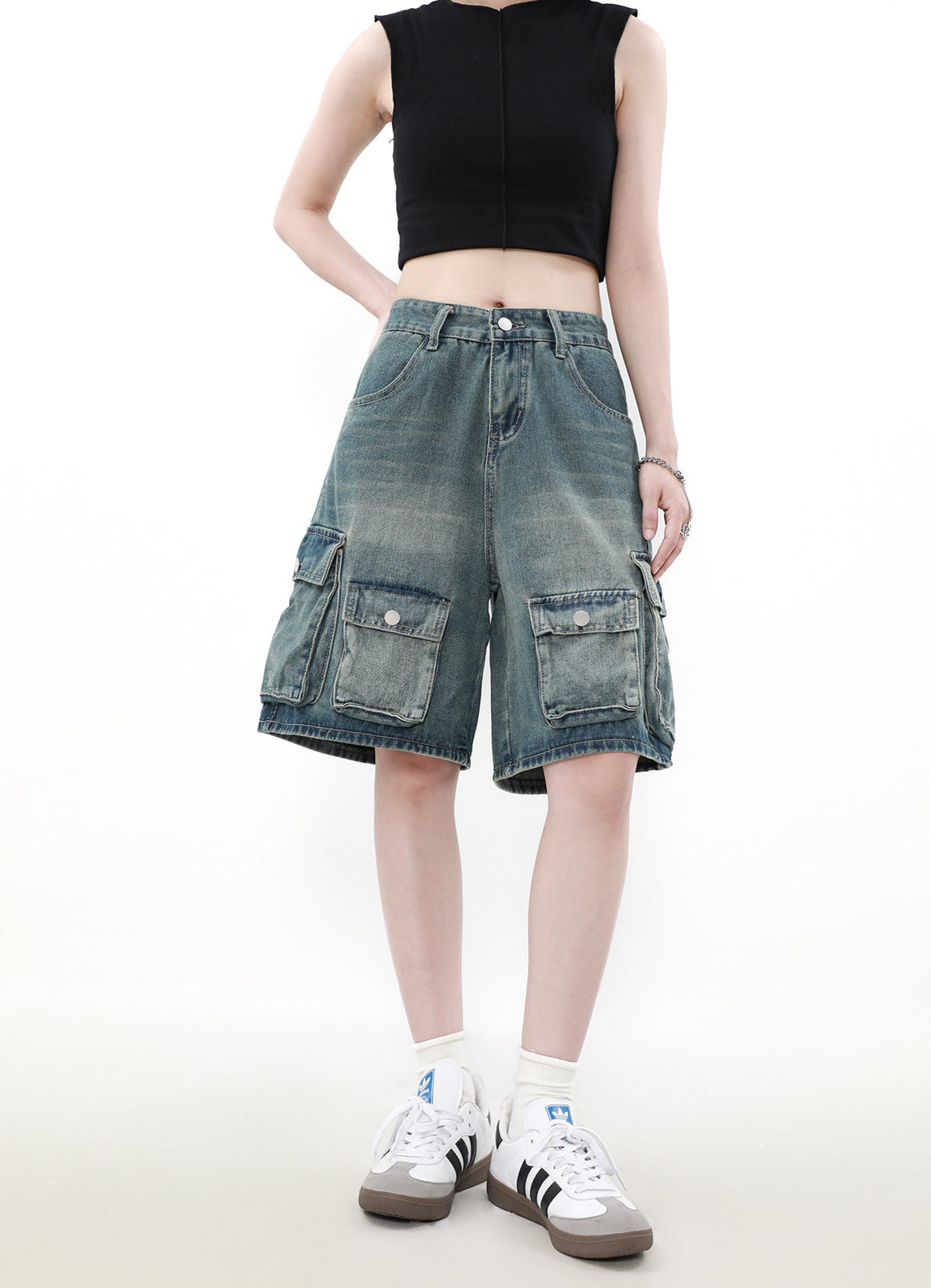 Denim Cargo Shorts with Multiple Utility Pockets