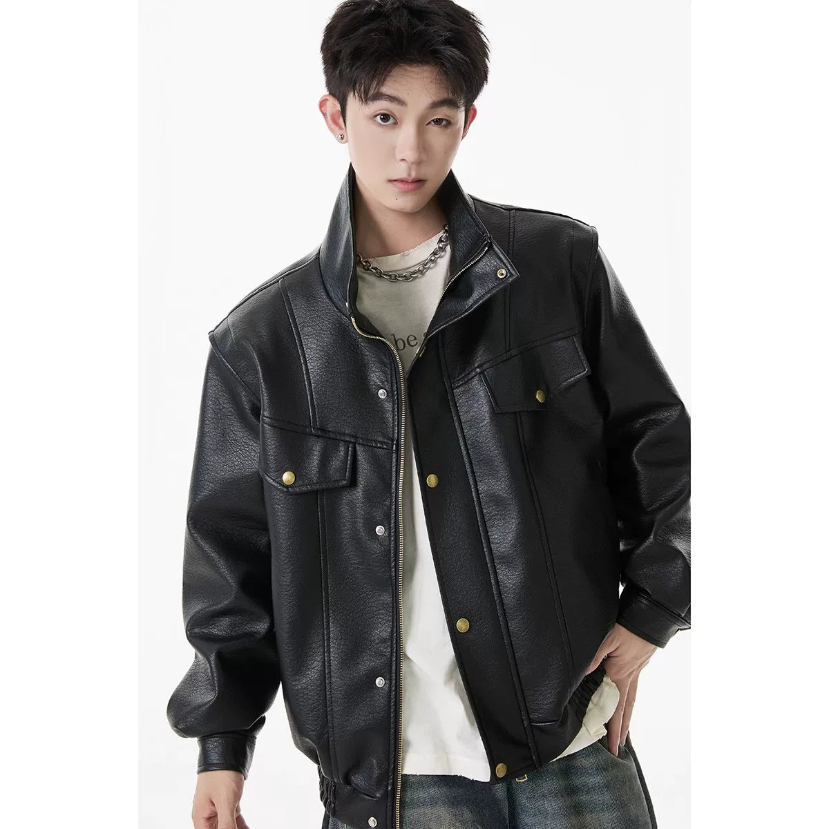 Alloy Stand‑Collar Leather Jacket