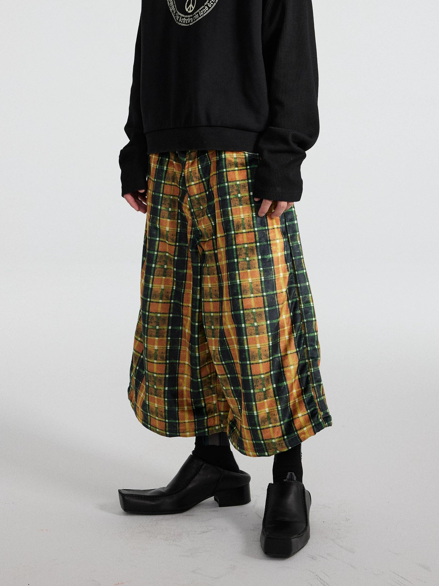 Gutter Plaid Neon-Rust Gaucho Trousers