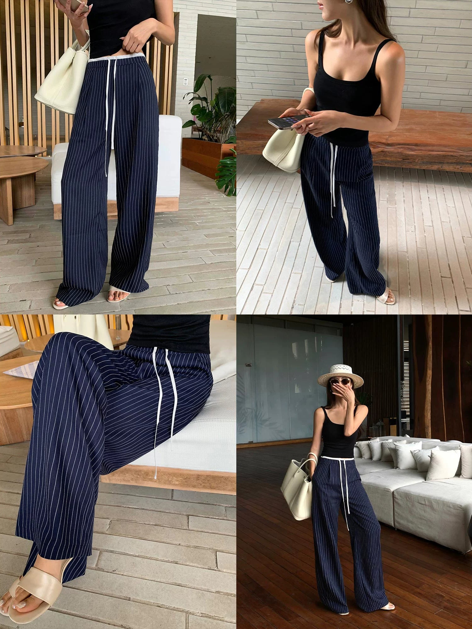 Pinstripe Drawstring Wide Leg Pants