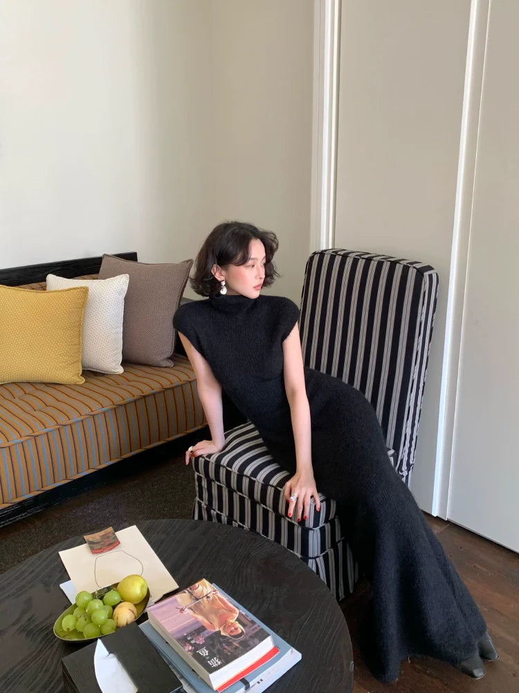 Warm Mohair Turtleneck Knit Maxi Dress