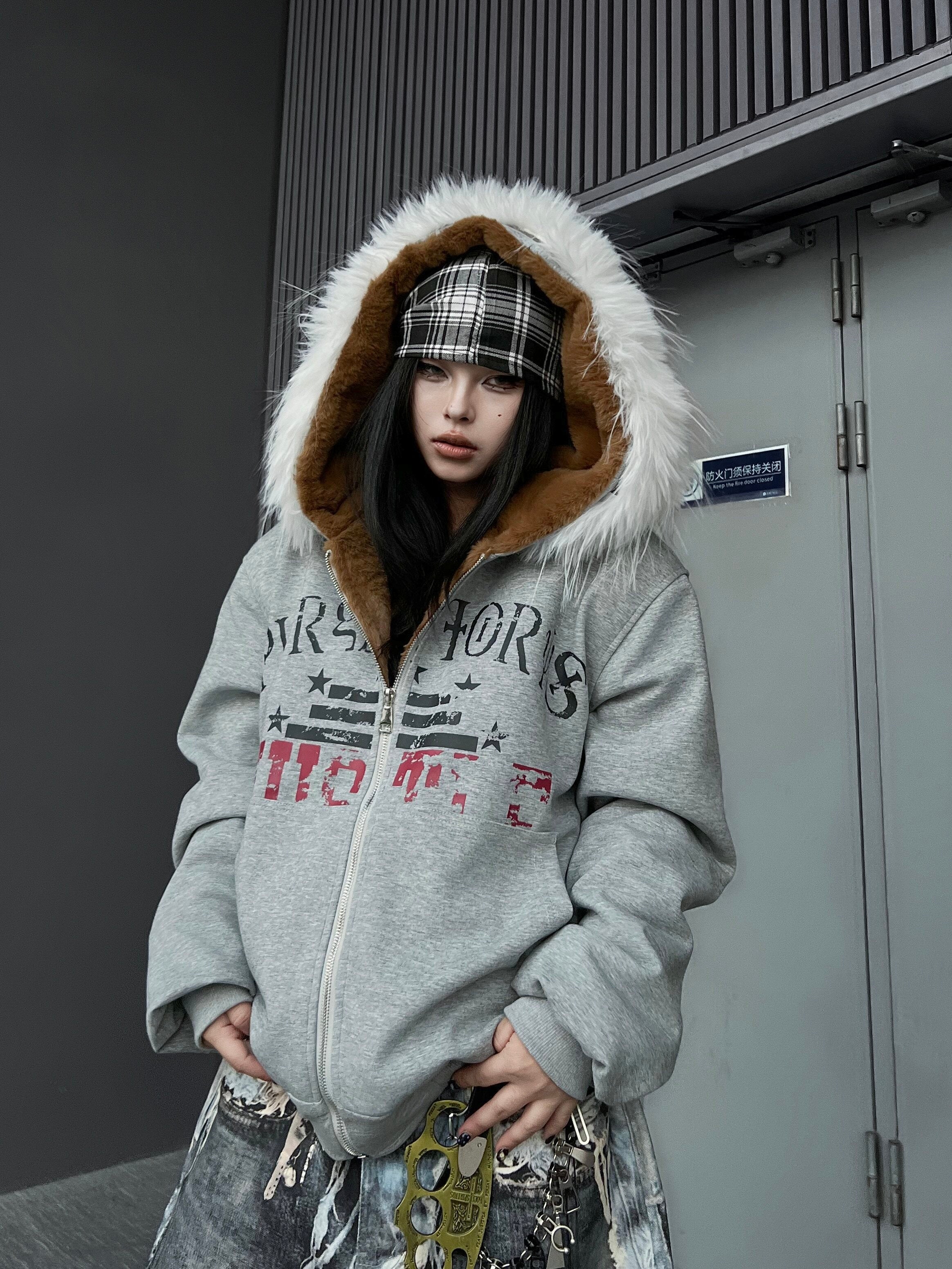 Men's Faux-Fur Graffiti-Print Zip-Up Hooded Jacket