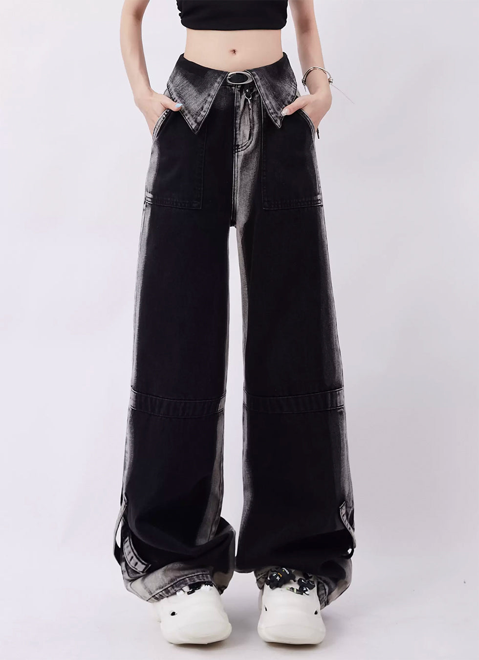 Cuffs Design Wide Leg Jeans - chiclara