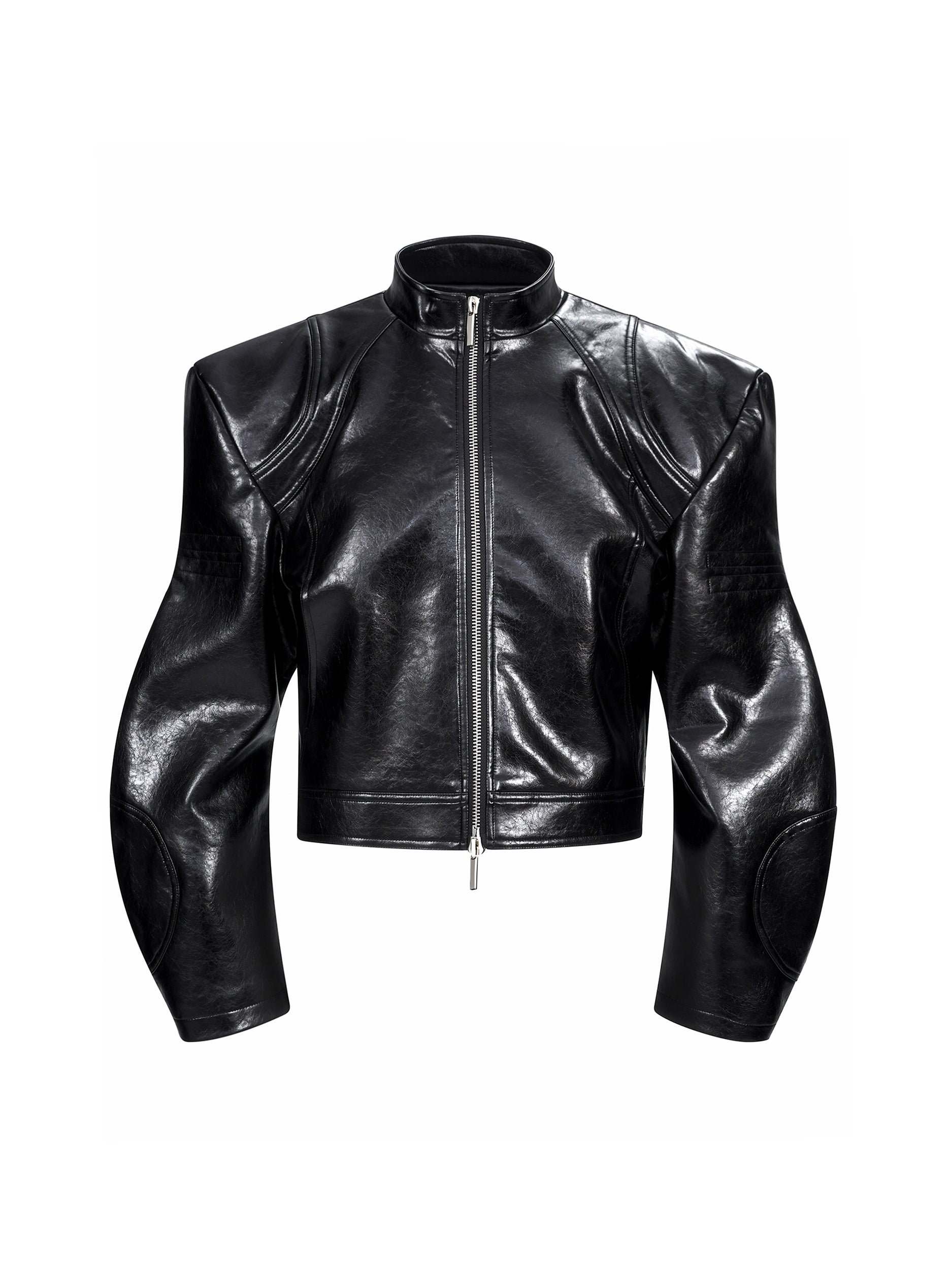 Cropped Black Leather Jacket with Abstract Graphic Print