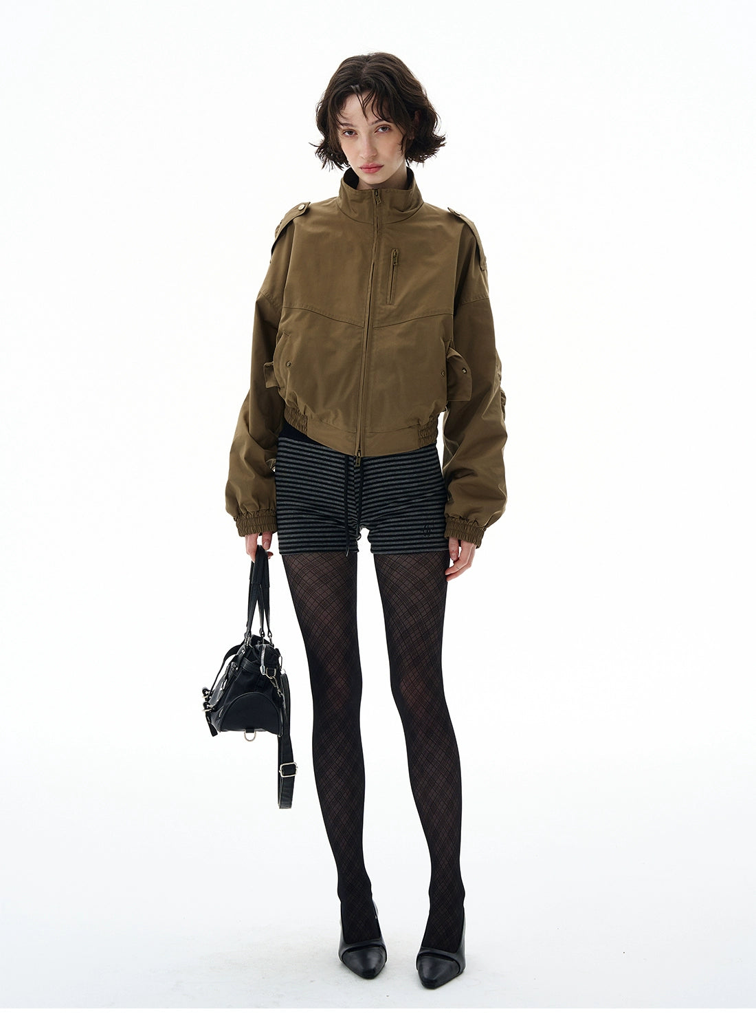 Cropped Utility High Collar Bomber Jacket