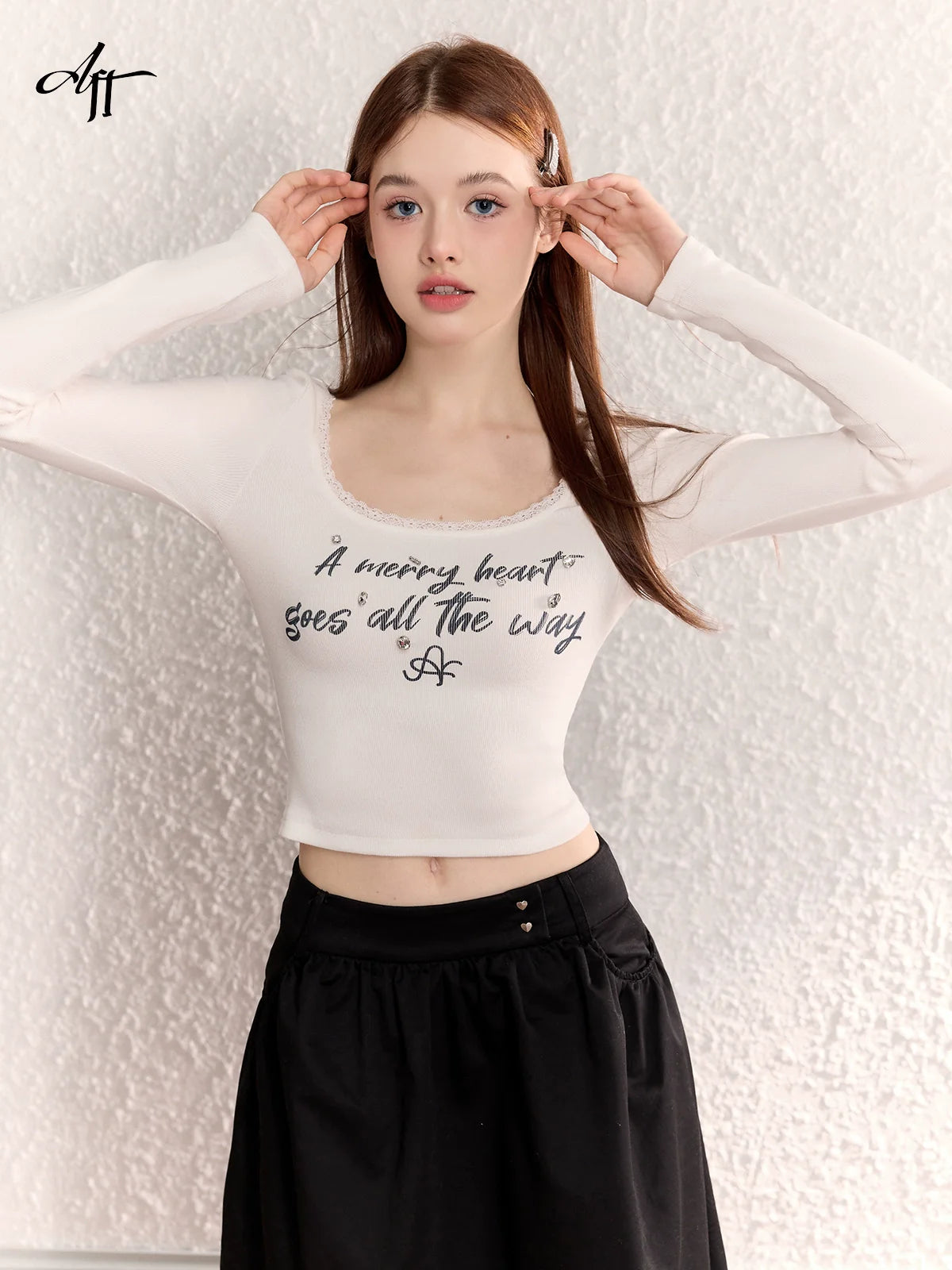 Diamond Letter Lace White Long Sleeve T-Shirt - chiclara