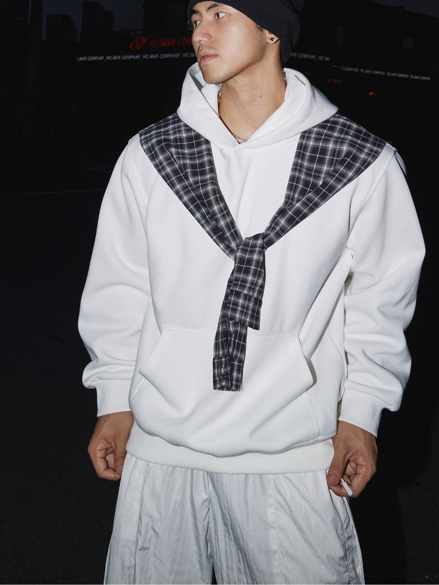 Hoodie with Plaid Scarf Detail