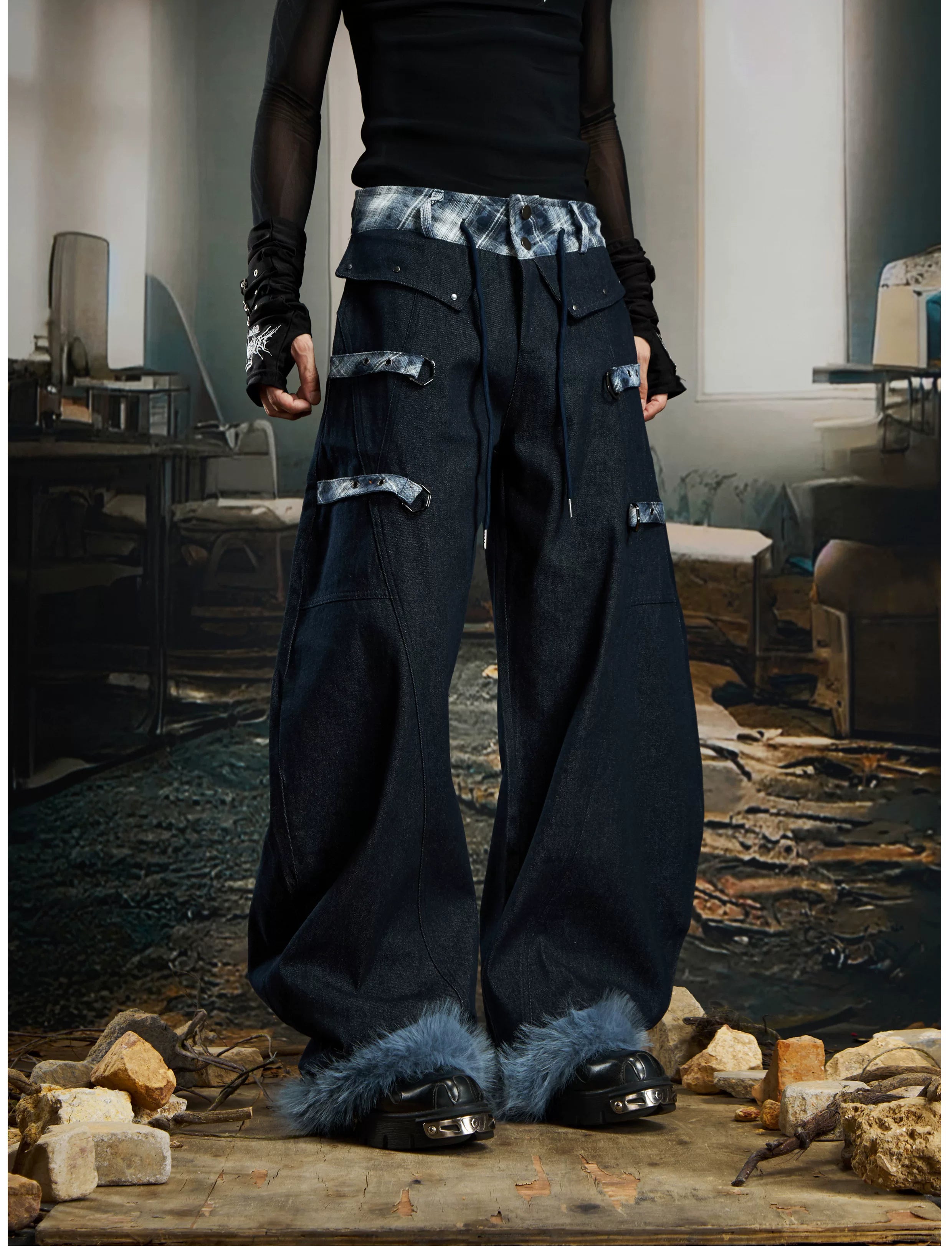 Cuff Flannel‑Trim Furry Hem Pants