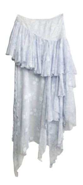 Asymmetrical High-Low Ruffled Lace Dress in Light Blue