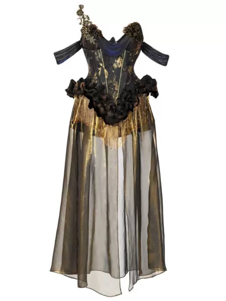 Victorian Steampunk Corset Dress - Gold Satin Gothic Ball Gown