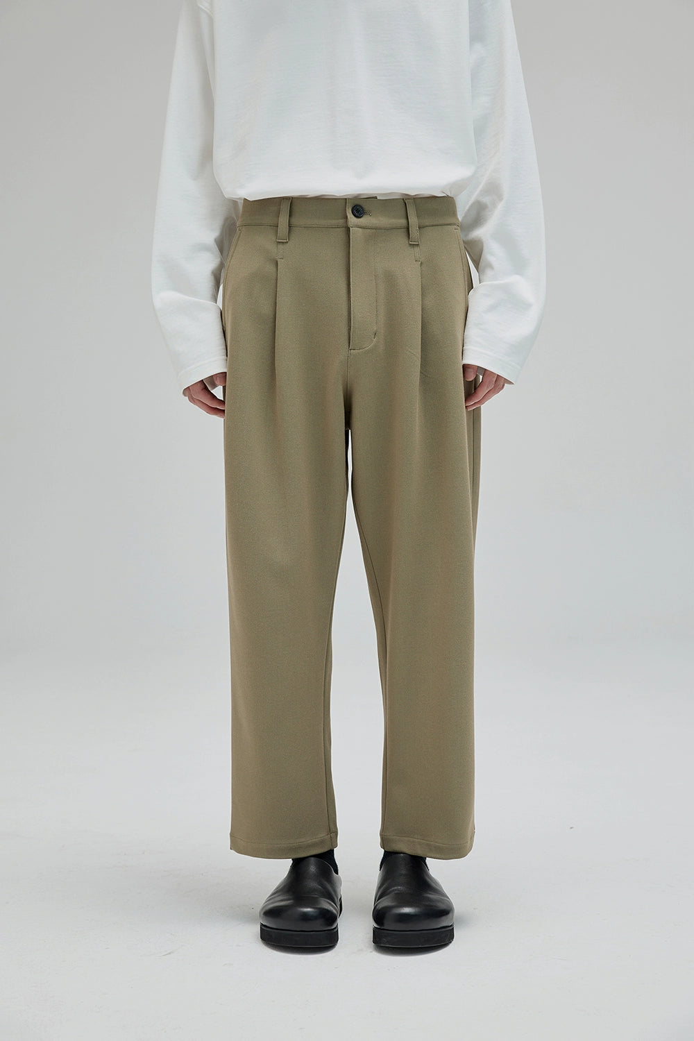 Semi-Elastic Waist Wide-Leg Straight Cropped Pants