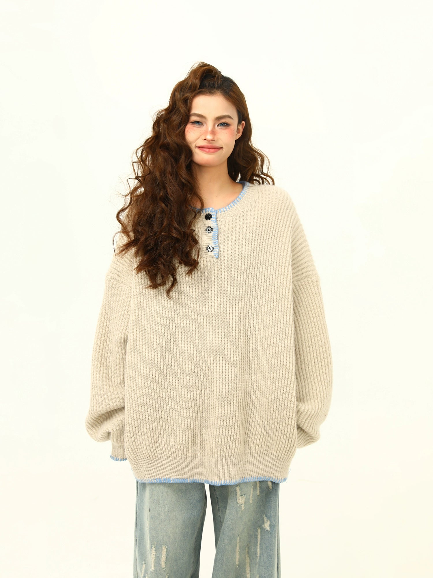 Oversized Cozy Button Trimmed Knit Sweater