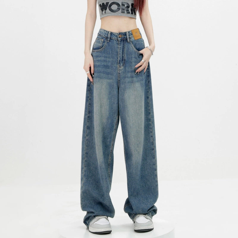 Blue Retro Loose Straight-Leg High-Waist Floor-Length Jeans - chiclara