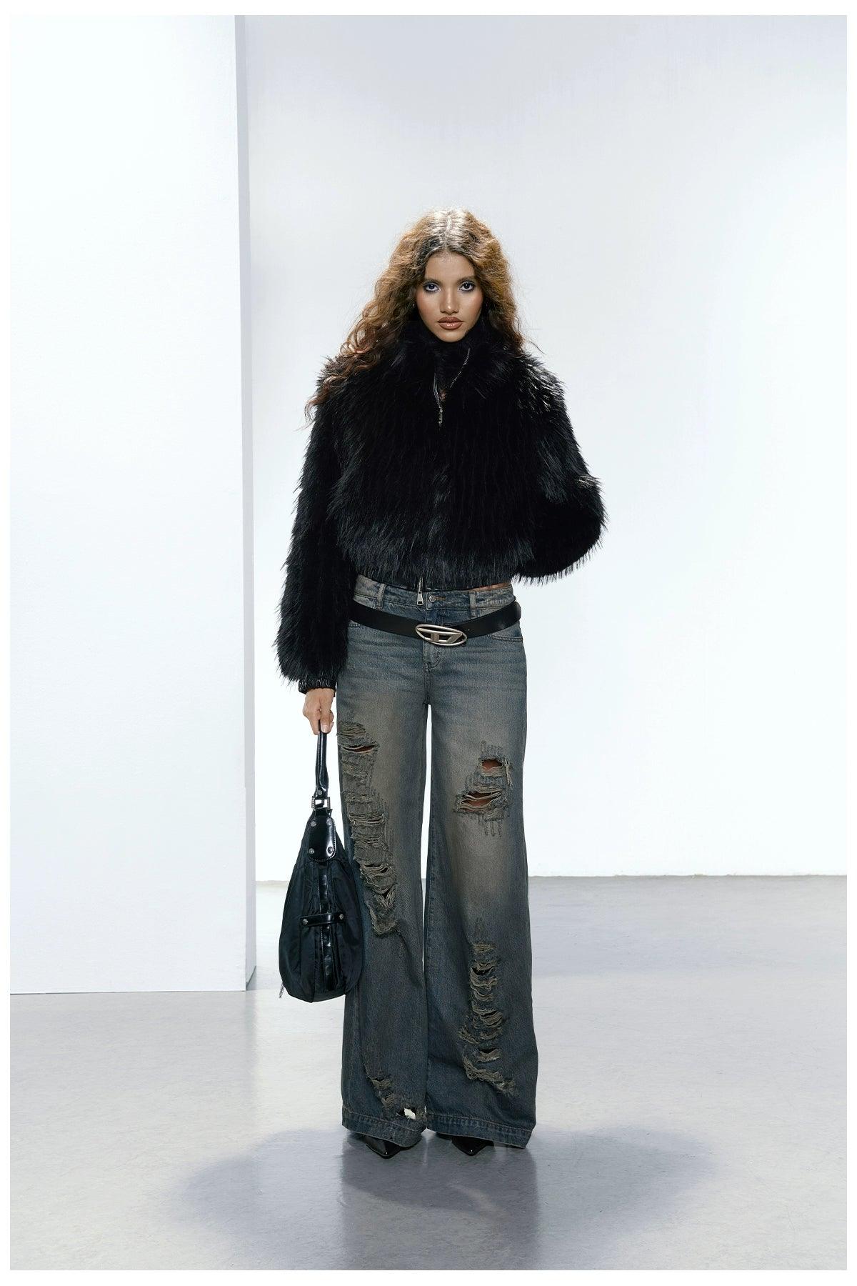 Strike A Pose Cropped Faux Fur Jacket - Women'S Black Shaggy Long-Sleeve Zip-Up Bolero Coat