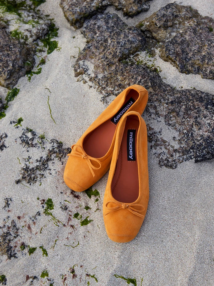 Bow-Trim Velvet Square-Toe Ballet Flats