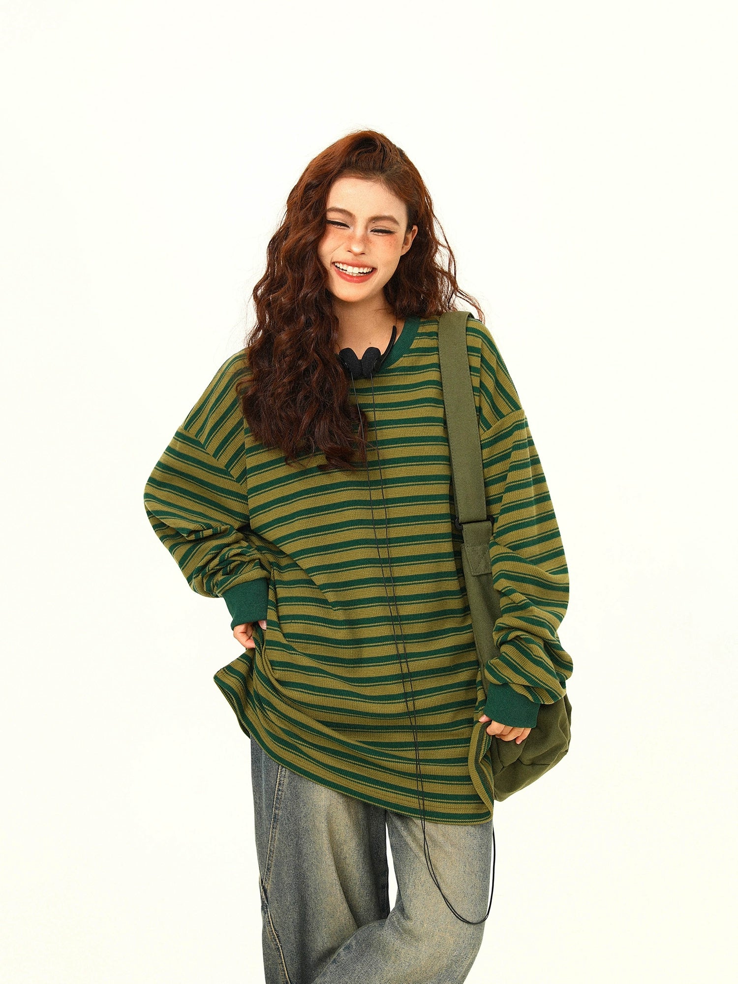 Green and Yellow Striped Oversized Long Sleeve Tee