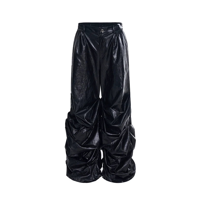 Ruched Faux PU Leather Wide-Leg Pants