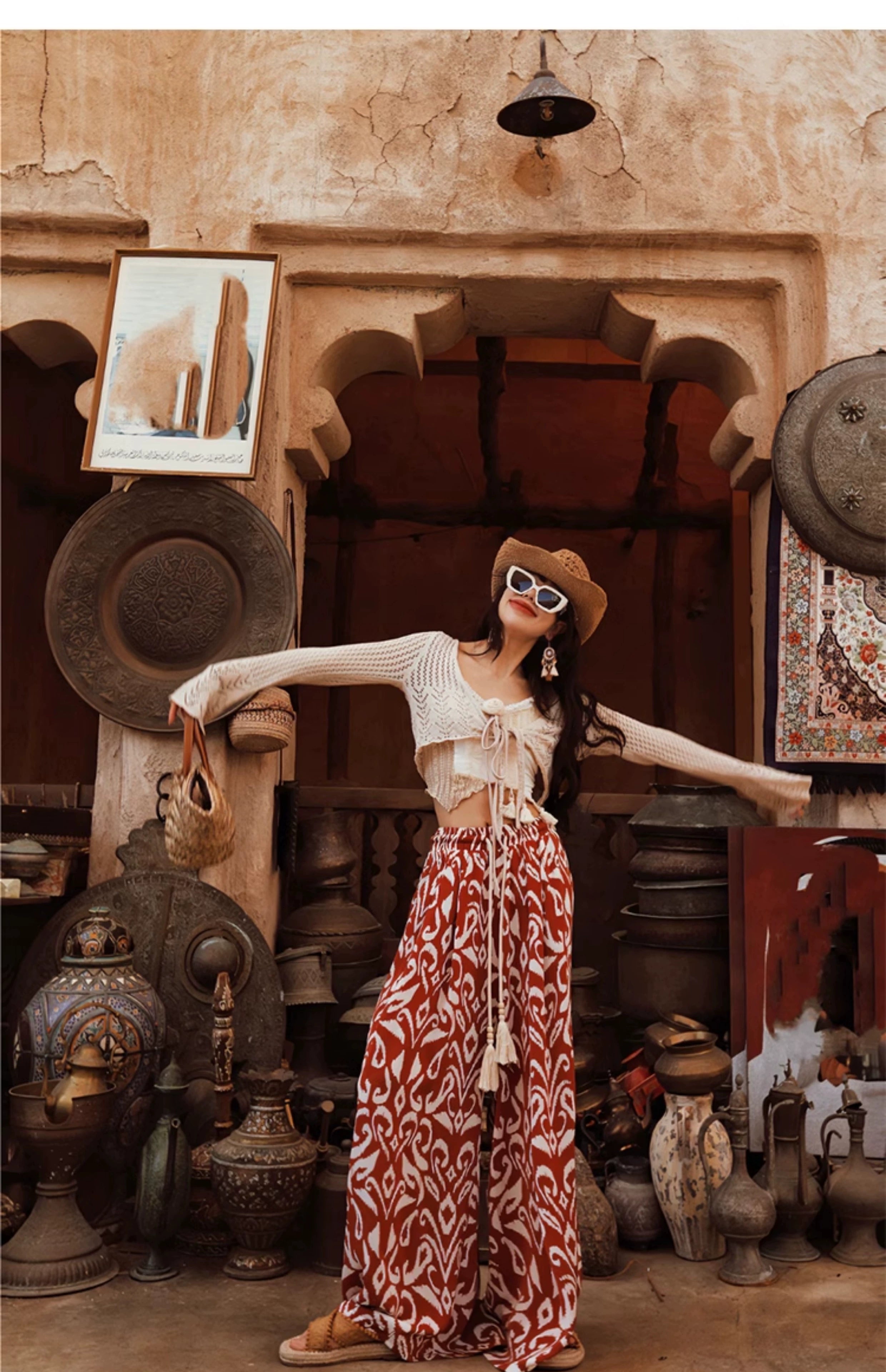 Boho Red and White Print Wide-Leg Pants