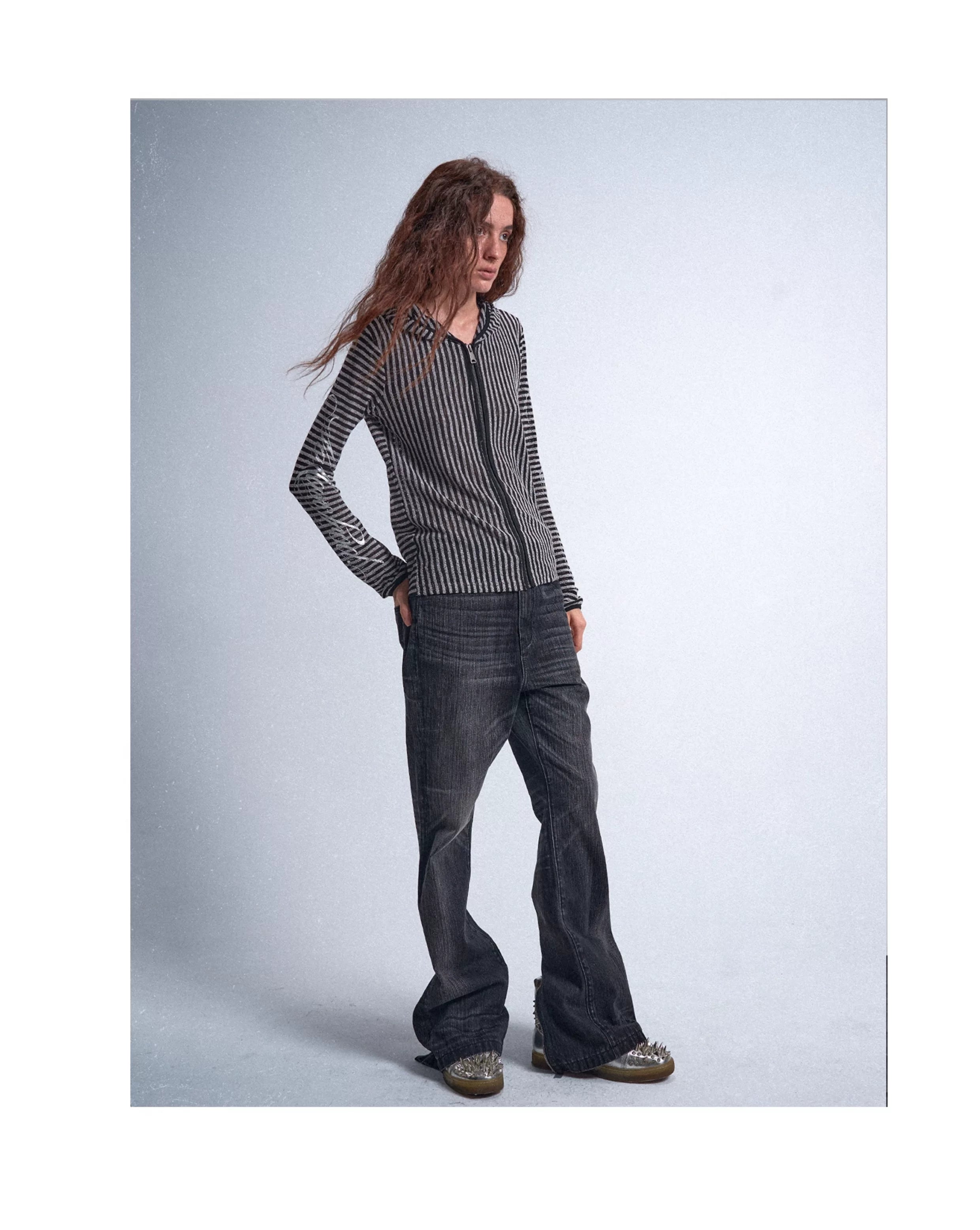 Silver Static Irregular Stripe Hooded Cover-Up Shirt